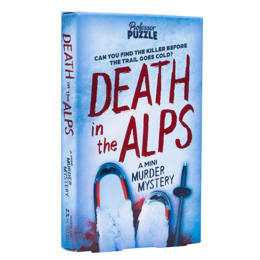 Death in the Alps Puzzle Game - front of box with art of skis in the snow. 