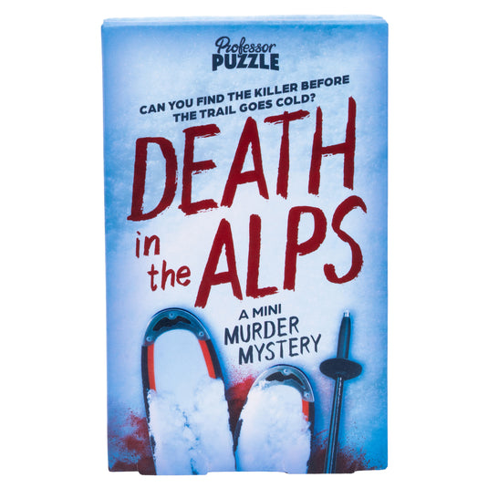 Death in the Alps Puzzle Game - front of box with art of skis in the snow. 