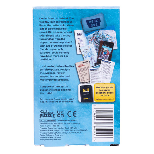 Death in the Alps Puzzle Game - back of box with overview, images of sample components and barcode.