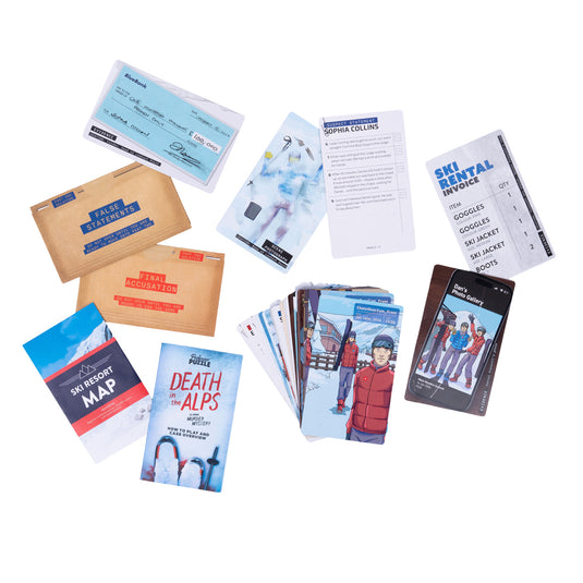 Death in the Alps Puzzle Game - sample components shown including ski rental invoice, Map, and game cards.
