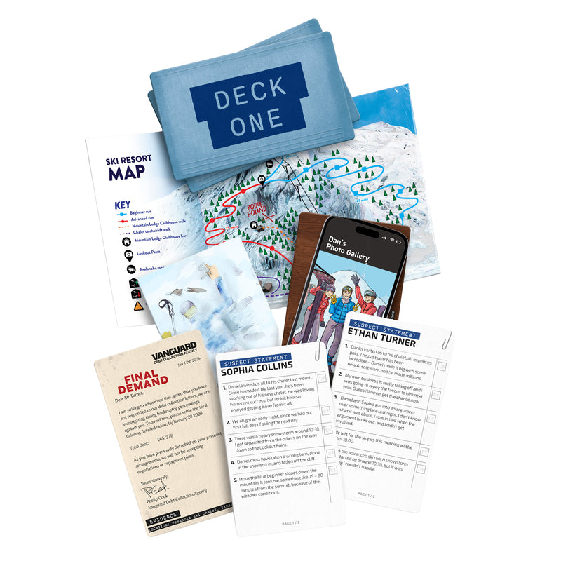 Load image into Gallery viewer, Death in the Alps Puzzle Game - sample components shown including ski resort map and deck one.
