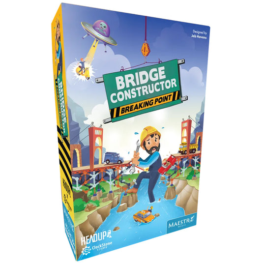 Bridge Constructor Board Game - Front of box featuring art of a giant construction worker fixing trying to fix a broken bridge. 