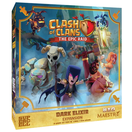 Clash of Clans: The Epic Raid: Dark Elixir Expansion - front of box featuring art of Clash of Clans characters.