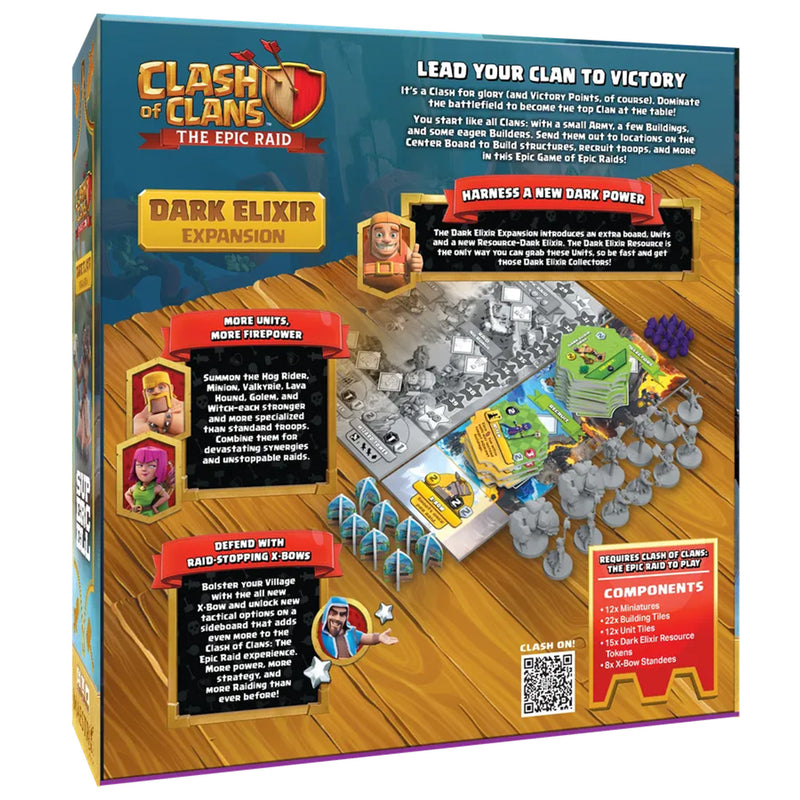 Load image into Gallery viewer, Clash of Clans: The Epic Raid: Dark Elixir Expansion - back of box with game overview, contents list, images of game components, and QR code linking to mobile ap. 
