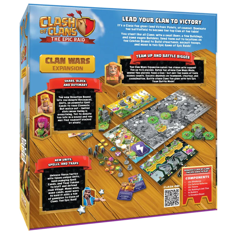 Load image into Gallery viewer, Clash of Clans: The Epic Raid: Clan Wars Expansion - back of box with overview, contents list, images of game components, and QR code linking to mobile game.
