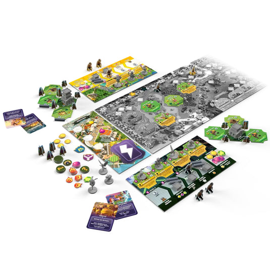 Clash of Clans: The Epic Raid: Clan Wars Expansion - setup game shown including game board, player boards, character miniatures, and tokens. 