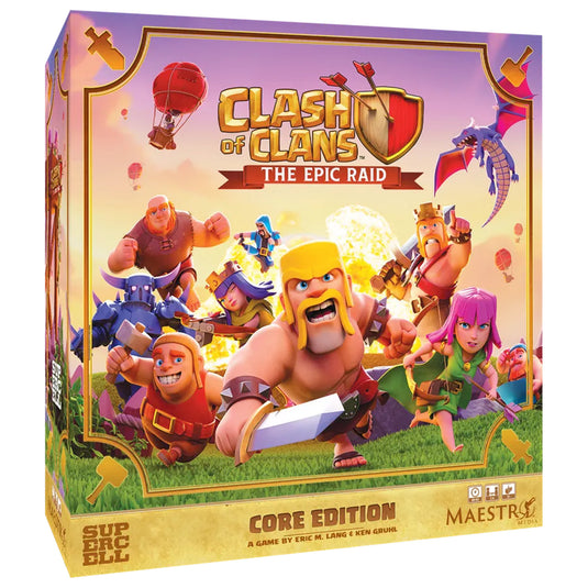 Clash of Clans: The Epic Raid Board Game - front of box featuring art of fantasy style heroes and dragons. 