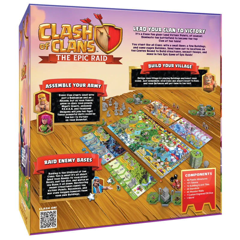Load image into Gallery viewer, Clash of Clans: The Epic Raid Board Game - back of box with overview, contents list,  images of game components, and QR code linking to mobile app. 
