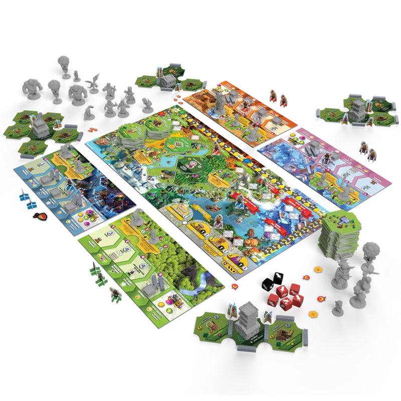 Load image into Gallery viewer, Clash of Clans: The Epic Raid Board Game - view of setup game including player boards, game board with game map and victory points track, miniatures, and game tiles. 
