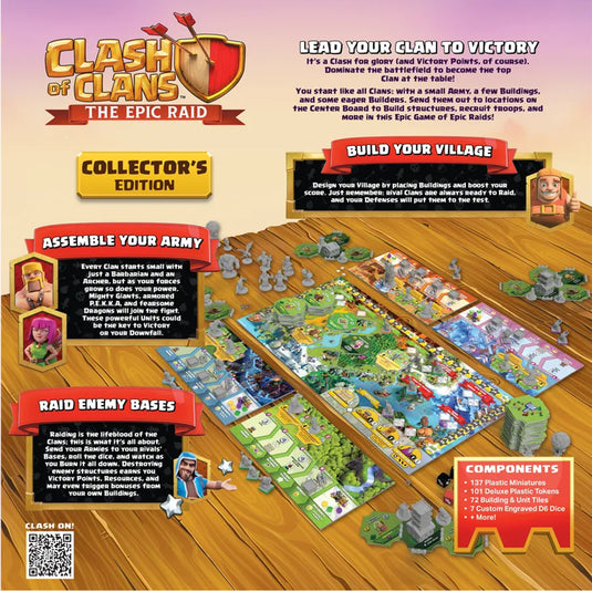 Clash of Clans: The Epic Raid: Collector's Edition - back of box with overview, contents list, images of game components, and QR code linking to mobile ap. 