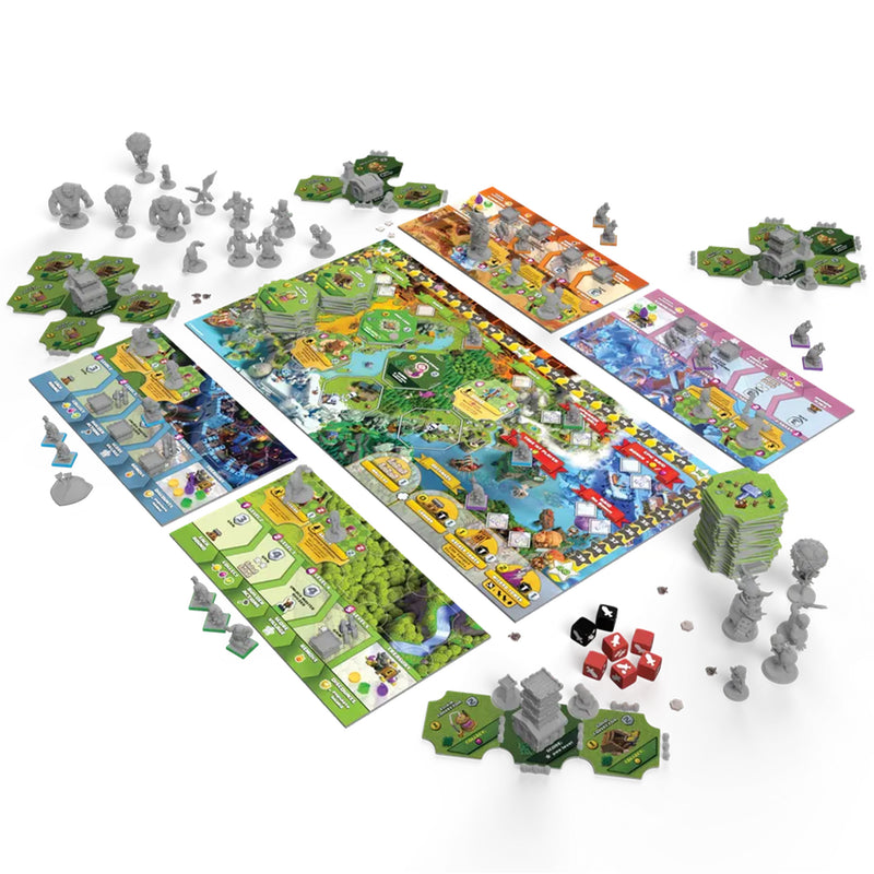 Load image into Gallery viewer, Clash of Clans: The Epic Raid: Collector's Edition - view of setup game including player boards, game board with star track, dice, and miniatures. 
