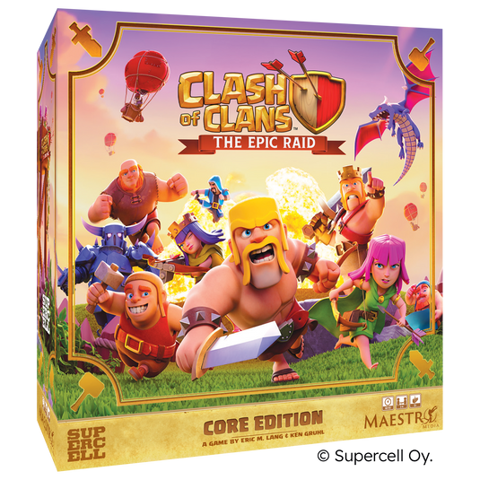 Clash of Clans: The Epic Raid Board Game - front of box featuring art of fantasy style heroes and dragons. 