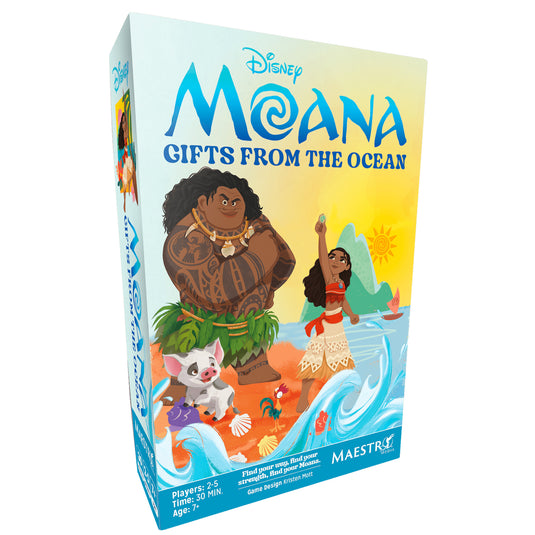 Moana: Gifts from the Ocean Board Game - front of box featuring art of Moana. Box indicates it is for ages 7+ and 2 to 5 players.