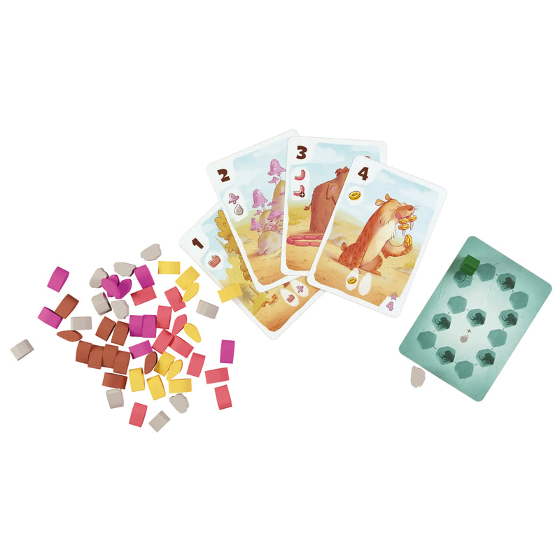 Load image into Gallery viewer, Cromania Board Game - Sample components shown including playing cards, meeples, and tokens.
