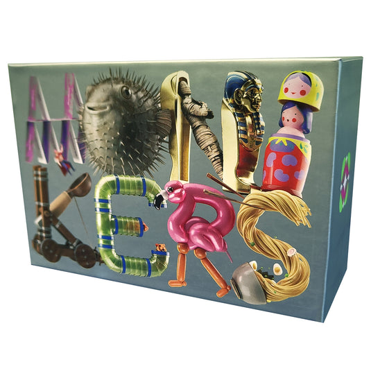 Monikers Party Game - Front of box with game title spelled out using images of different objects. 