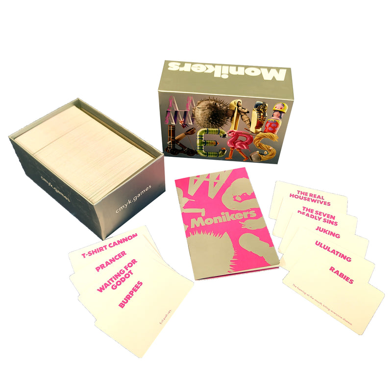 Load image into Gallery viewer, Monikers Party Game - Box and sample components displayed including rule book, and sample cards including 'Burpees' and "Rabies' cards.
