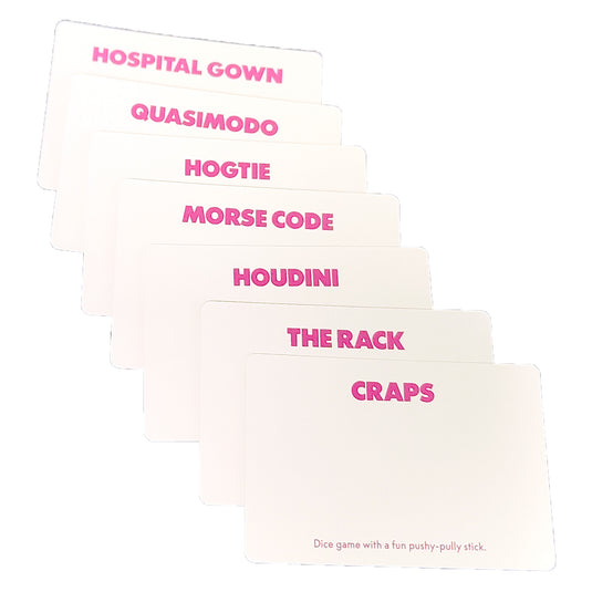 Monikers Party Game - Sample word cards shown including 'Hospital Gown', 'Morse Code', and 'Houdini' cards.