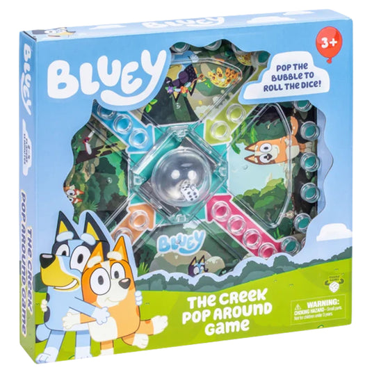 Bluey The Creek Pop Board Game - front of box featuring art of Bluey characters.