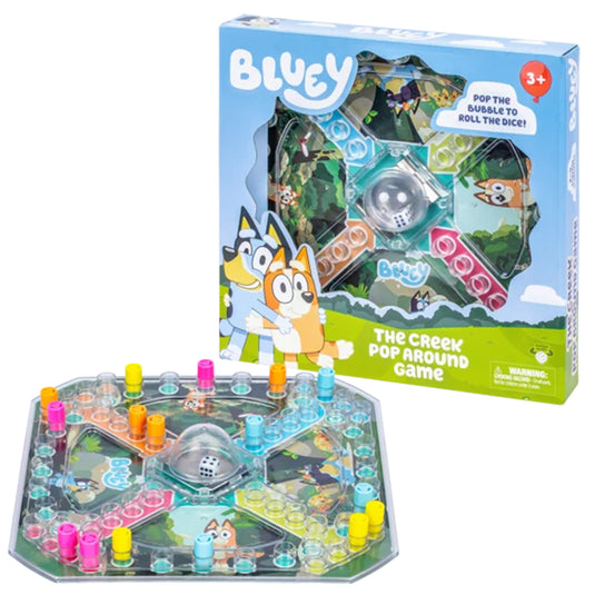 Bluey The Creek Pop Board Game - box and game board with colored pieces shown.