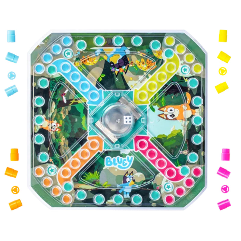 Load image into Gallery viewer, Bluey The Creek Pop Board Game - view of plastic game board and blue, yellow, orange, and pink player pieces.
