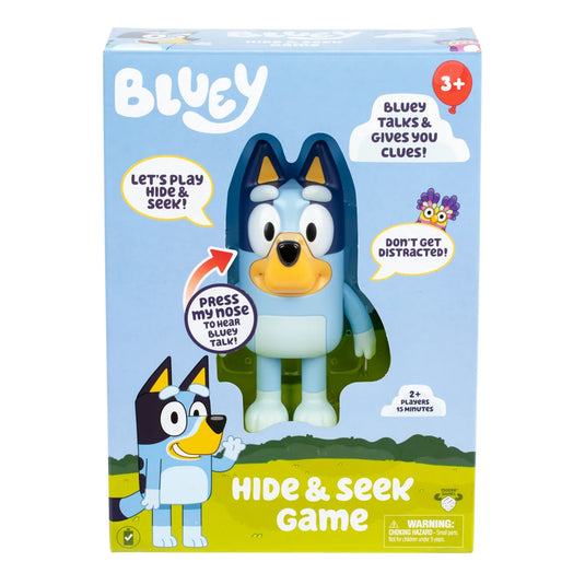 Bluey Hide N Seek Game - front of packaging featuring image of bluey figure and 'Press my nose to hear bluey talk!' note with arrow pointing at Bluey's nose.