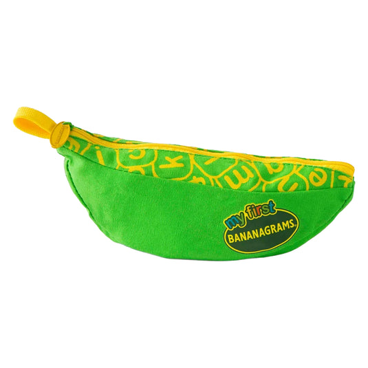 My First Bananagrams - view of front of packaging shaped like a banana. 