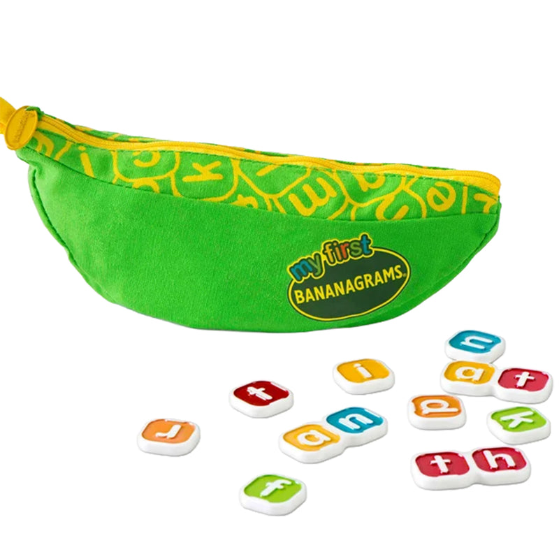 Load image into Gallery viewer, My First Bananagrams - front of packaging and sample letter tiles shown.
