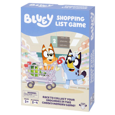 Bluey Shopping List Game - front of box  featuring art of Bluey characters grocery shopping. Box indicates it is for ages 3+ and 2 to 4 players.
