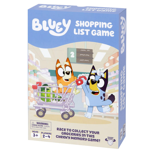 Bluey Shopping List Game - front of box  featuring art of Bluey characters grocery shopping. Box indicates it is for ages 3+ and 2 to 4 players.
