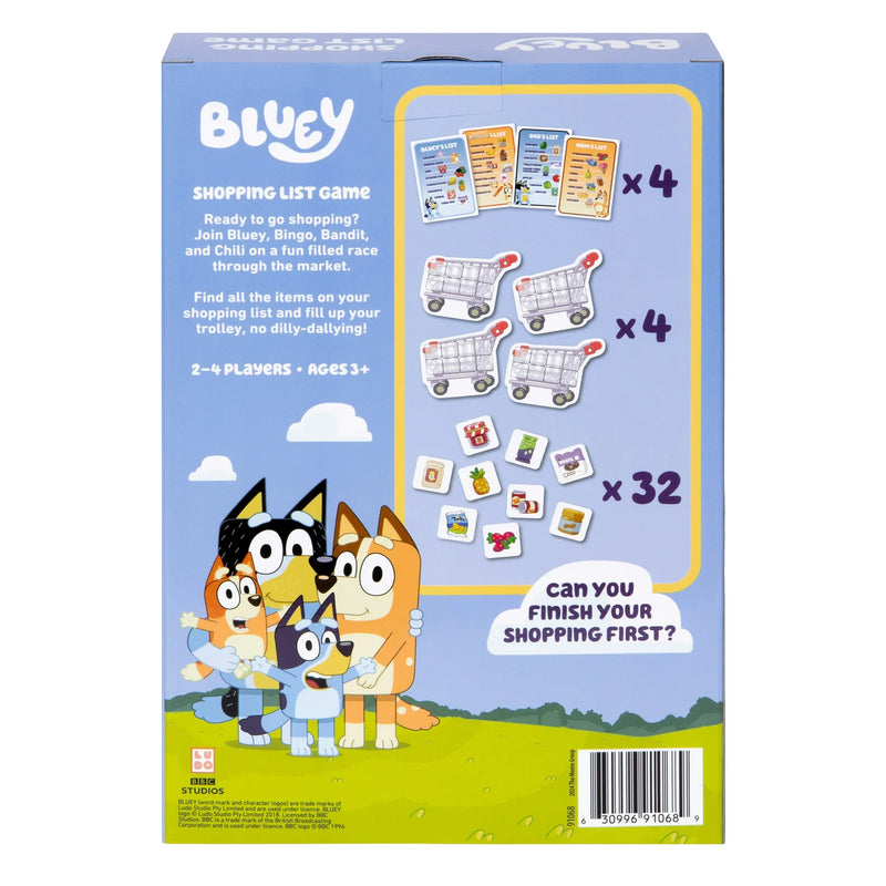 Load image into Gallery viewer, Bluey Shopping List Game - back of box  with game overview and images of game components. 
