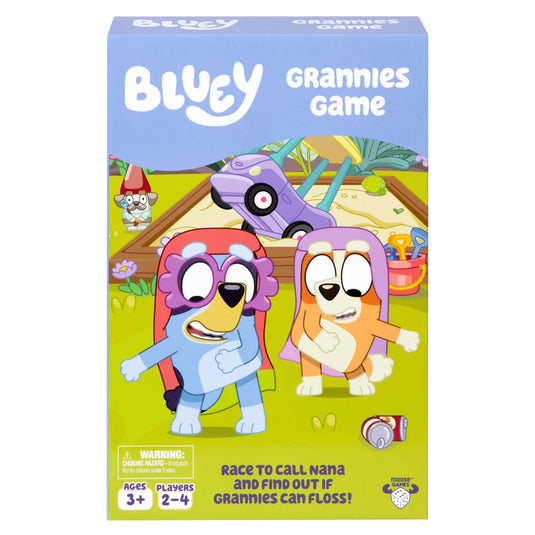 Bluey Grannies Game - front of box featuring art of Bluey characters. Box indicates it is for ages 3+ and 2 to 4 players.