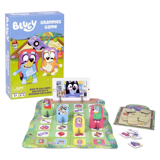 Bluey Grannies Game - box and game displayed including game board, character standees, and tokens.