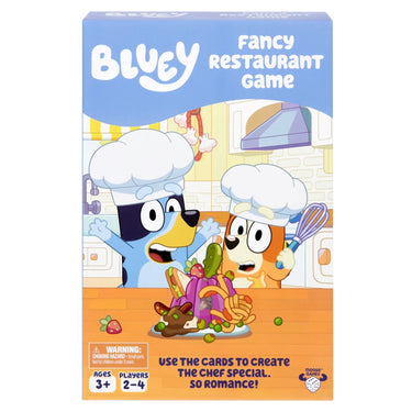 Bluey Fancy Restaurant Game - front of box featuring art of Bluey characters cooking. Box indicates it is for ages 3+ and 2 to 4 players.