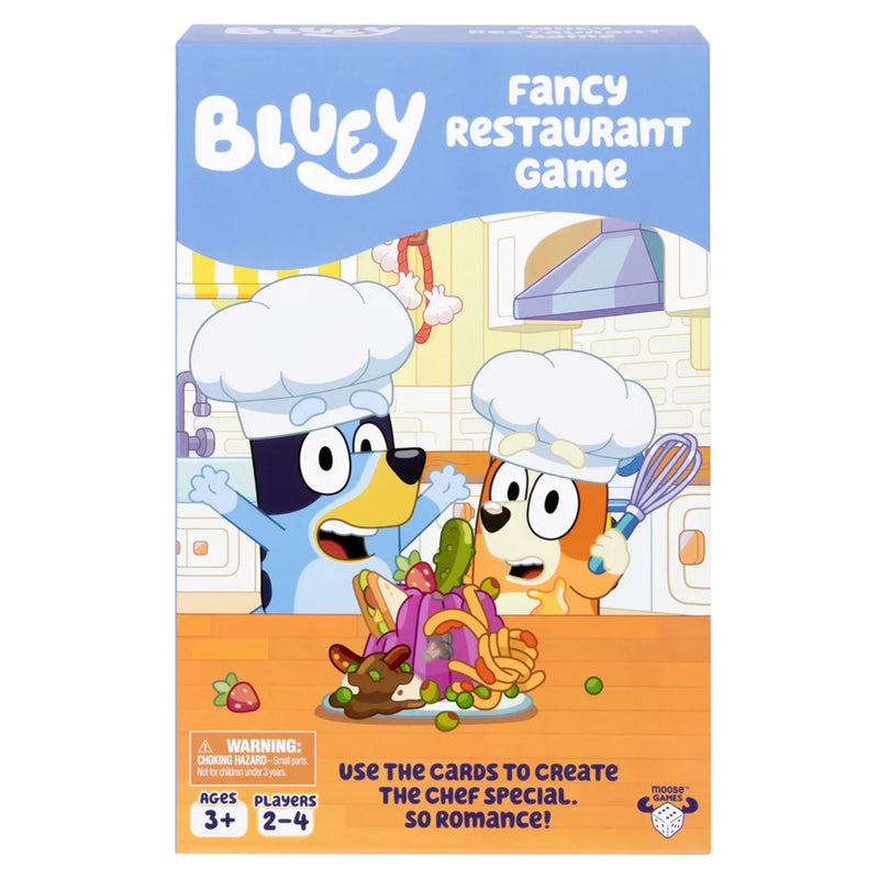 Load image into Gallery viewer, Bluey Fancy Restaurant Game - front of box featuring art of Bluey characters cooking. Box indicates it is for ages 3+ and 2 to 4 players.
