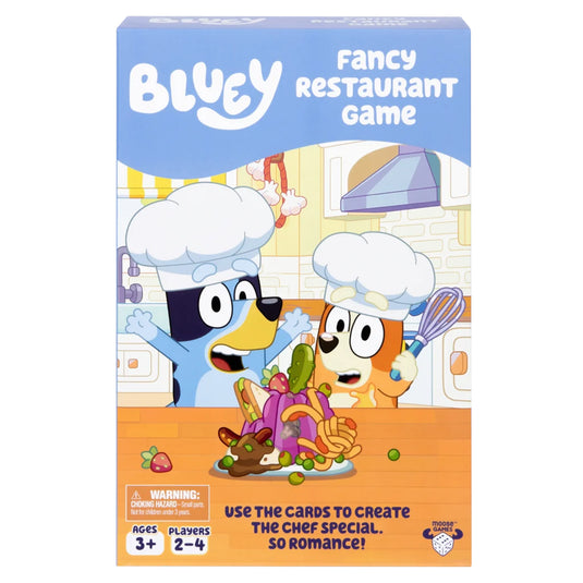 Bluey Fancy Restaurant Game - front of box featuring art of Bluey characters cooking. Box indicates it is for ages 3+ and 2 to 4 players.