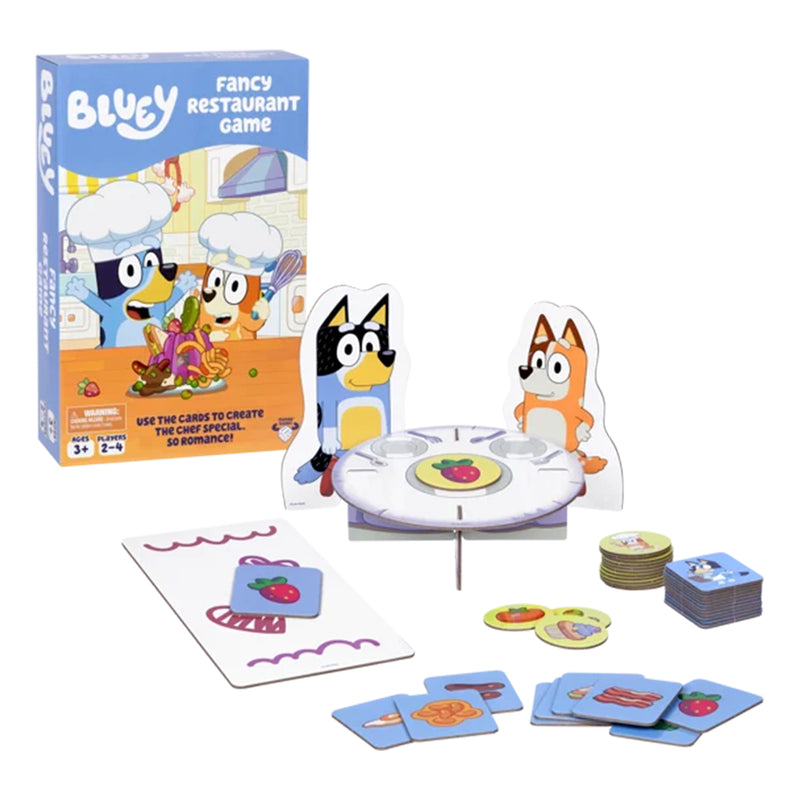 Load image into Gallery viewer, Bluey Fancy Restaurant Game - box and game contents displayed including table board, character standee, waiter tiles, and chef tiles.
