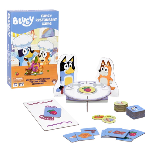 Bluey Fancy Restaurant Game - box and game contents displayed including table board, character standee, waiter tiles, and chef tiles.