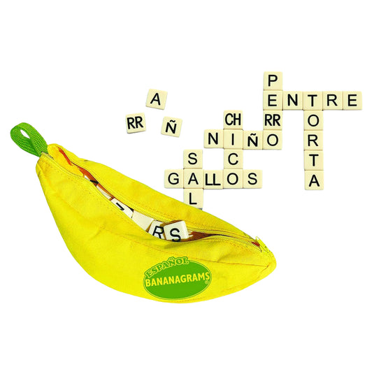 Bananagrams Spanish Word Game - front of packaging shaped like a banana and sample letter tiles shown.