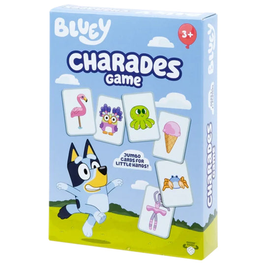 Bluey Charades Game - Front of packaging featuring art of Bluey character and images of cards. Box indicates it is for ages 3+.