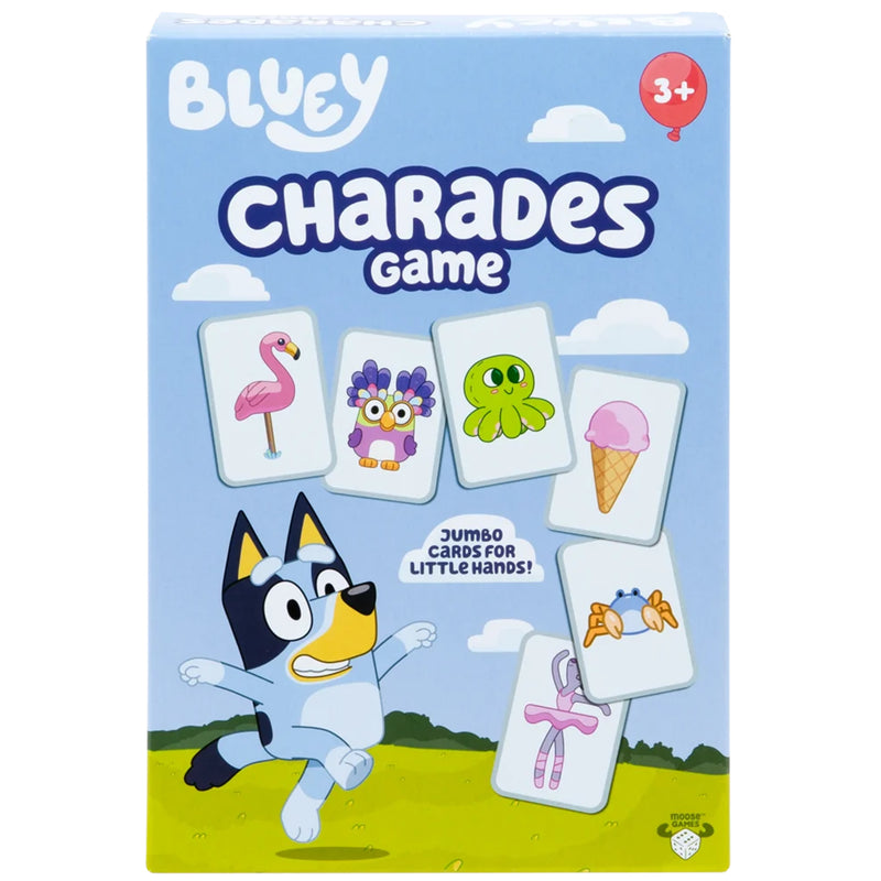 Load image into Gallery viewer, Bluey Charades Game - Front of packaging featuring art of Bluey character and images of cards. Box indicates it is for ages 3+.
