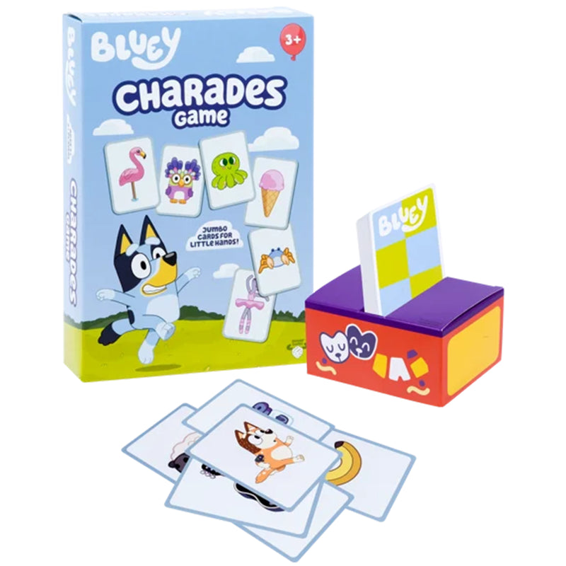 Load image into Gallery viewer, Bluey Charades Game - Packaging and sample components displayed including card box and cards with different characters and items on them. 
