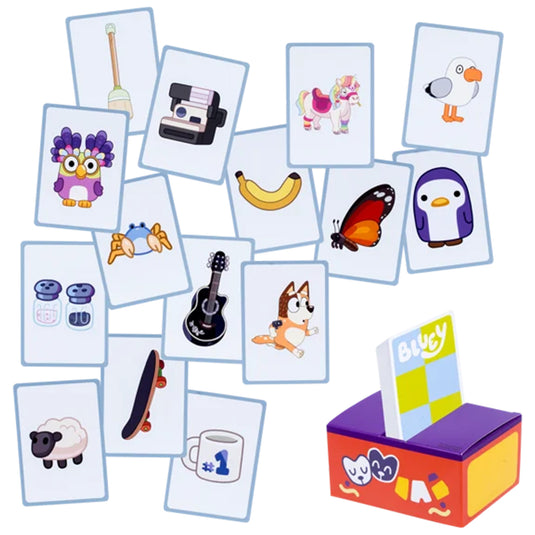 Bluey Charades Game - Sample components displayed including card box and cards with different illustrations of items on each card. 