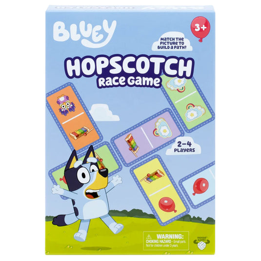 Bluey Hopscotch Race Game - Front of packaging featuring art of bluey character and images of hopscotch cards. Box indicates it is for ages 3+ and 2 to 4 players. 