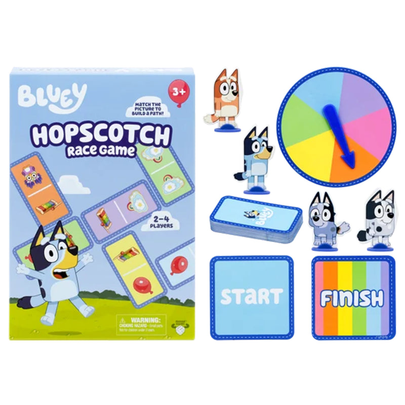 Load image into Gallery viewer, Bluey Hopscotch Race Game - Box and sample components shown including spinner, character standees, start and finish cards, and deck of hopscotch cards. 
