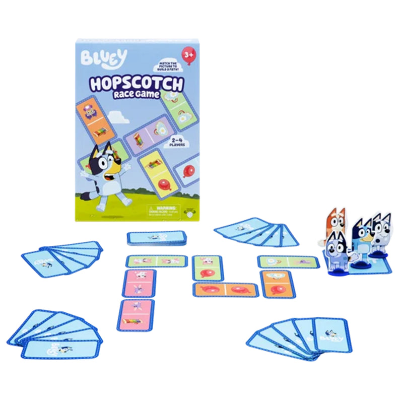 Load image into Gallery viewer, Bluey Hopscotch Race Game - Box and game components displayed including hopscotch cards with different colors and items, and character standees. 
