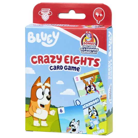Bluey Crazy Eights Card Game - Front of packaging featuring art of Bluey character and images of game cards. Box indicates it is for ages 4+.