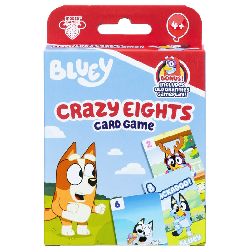 Load image into Gallery viewer, Bluey Crazy Eights Card Game - Front of packaging featuring art of Bluey character and images of game cards. Box indicates it is for ages 4+.

