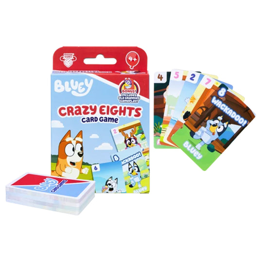 Bluey Crazy Eights Card Game - Front of packaging and sample cards displayed with each card featuring images of Bluey characters and number values. 