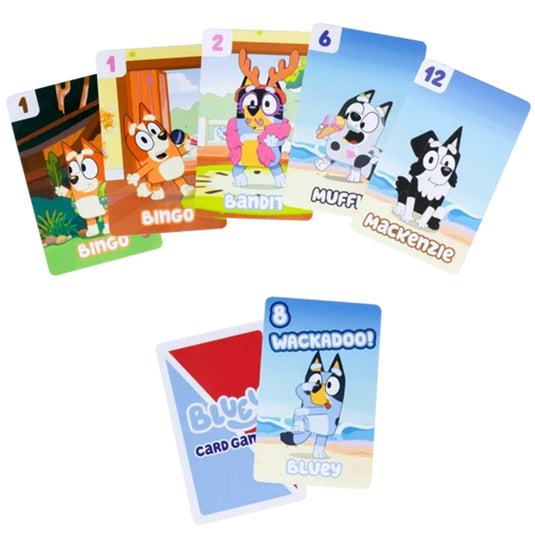 Bluey Crazy Eights Card Game - Sample cards displayed with number values between 1 and 12. Each card features art of Bluey characters. 