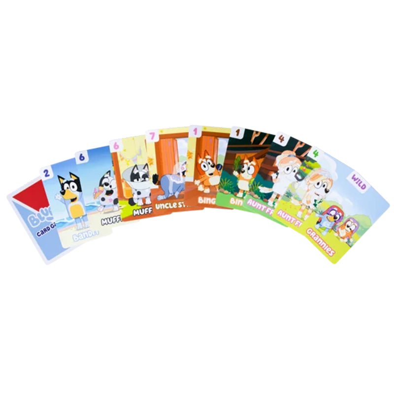 Load image into Gallery viewer, Bluey Crazy Eights Card Game - Sample cards displayed with number values between 1 and 12. Each card features art of Bluey characters. 
